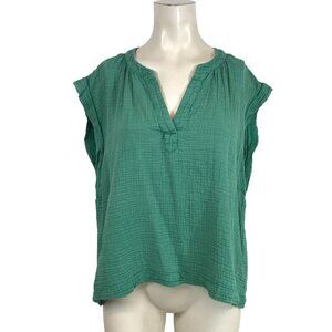 FAHERTY - WOMEN'S LARGE -GREEN SHORT SLEEVES V NECK ORGANIC COTTON GAUZE TOP